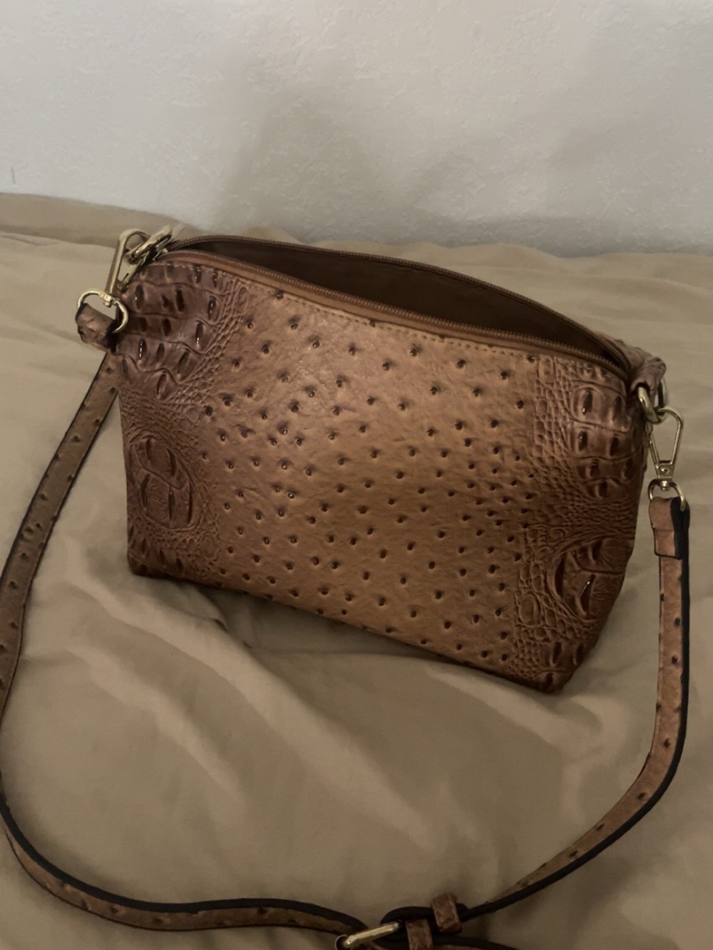 Brown Ostrich-Embossed Crossbody Bag